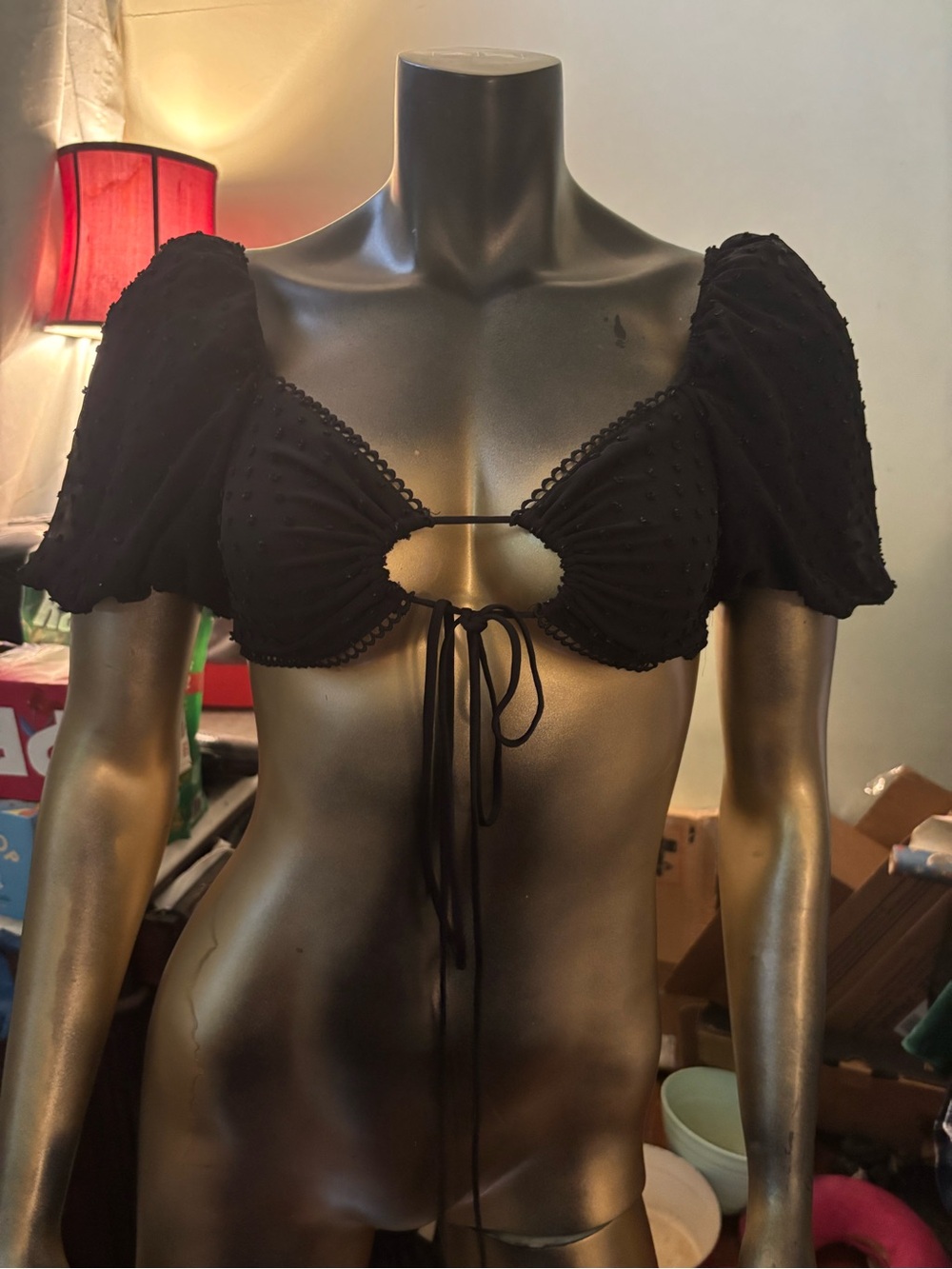 Lucy in the Sky Black Puff Sleeve Tie Front Crop Top